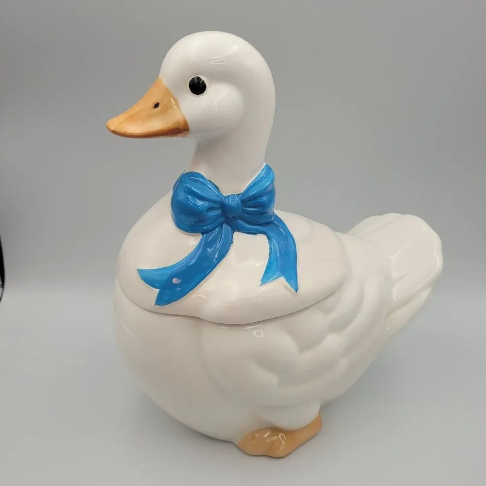VTG White Goose Blue Bow Cookie Jar Cottage Farmhouse Country Granny 80s Kitchen